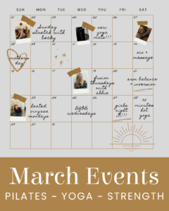 March Events Calendar showing what events are on what days. Images of teachers are sellotaped to the calendar